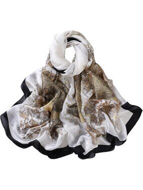 Women's White Black Light Silk Like Scarves Flower Print Head Cotton Wrap Scarf